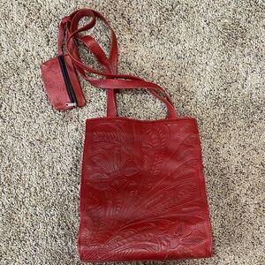 Red Tooled Leather Shoulder Tote with Matching Coin Pouch